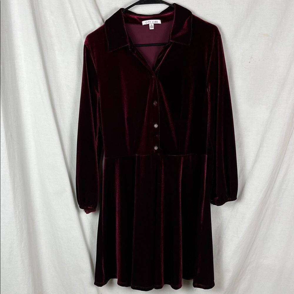 City Vibe Maroon Velvet Long Sleeve A Line Dress